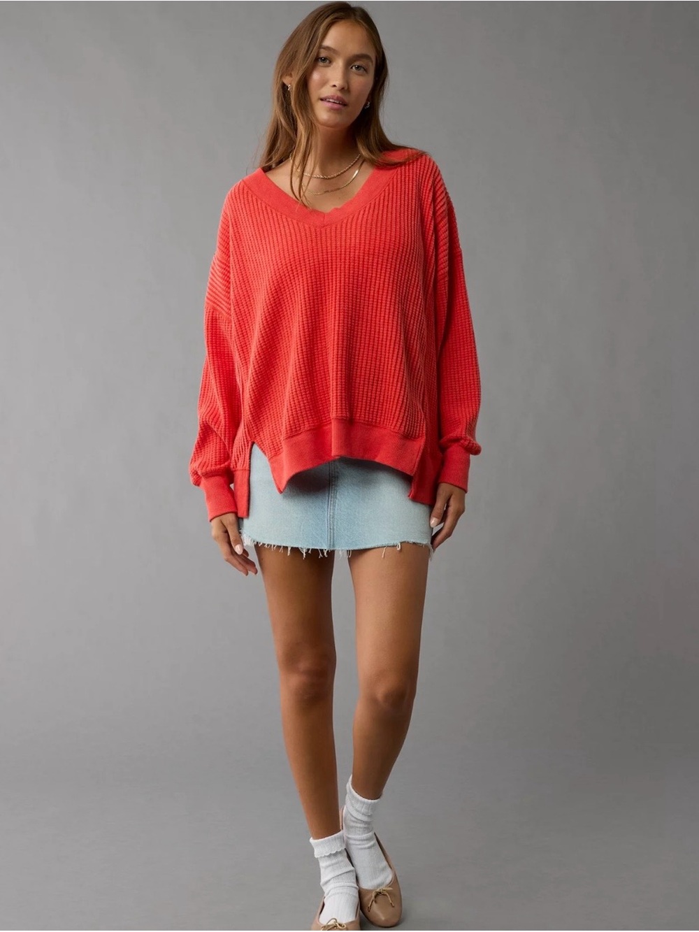 American Eagle Oversized Big Hug Waffle Sweatshirt Red, size XS, like new!